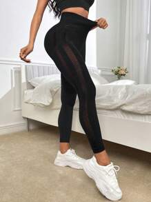 Yoga Sxy Hollow Out Wideband Waist Sports Leggings - Black - View 4