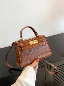 迷你翻蓋方包鱷魚壓紋轉鎖 - 咖啡棕 - 查看 3