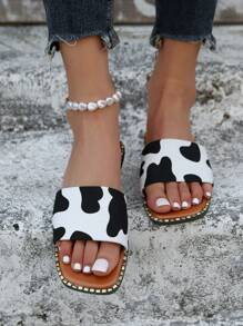 女性奶牛圖案平底時尚夏天帆布涼拖 - 黑與白 - 查看 2