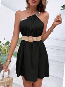 SHEIN LUNE One Shoulder Contrast Tape Dress - Black - View 4