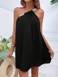 SHEIN LUNE One Shoulder Contrast Tape Dress - Black - View 6