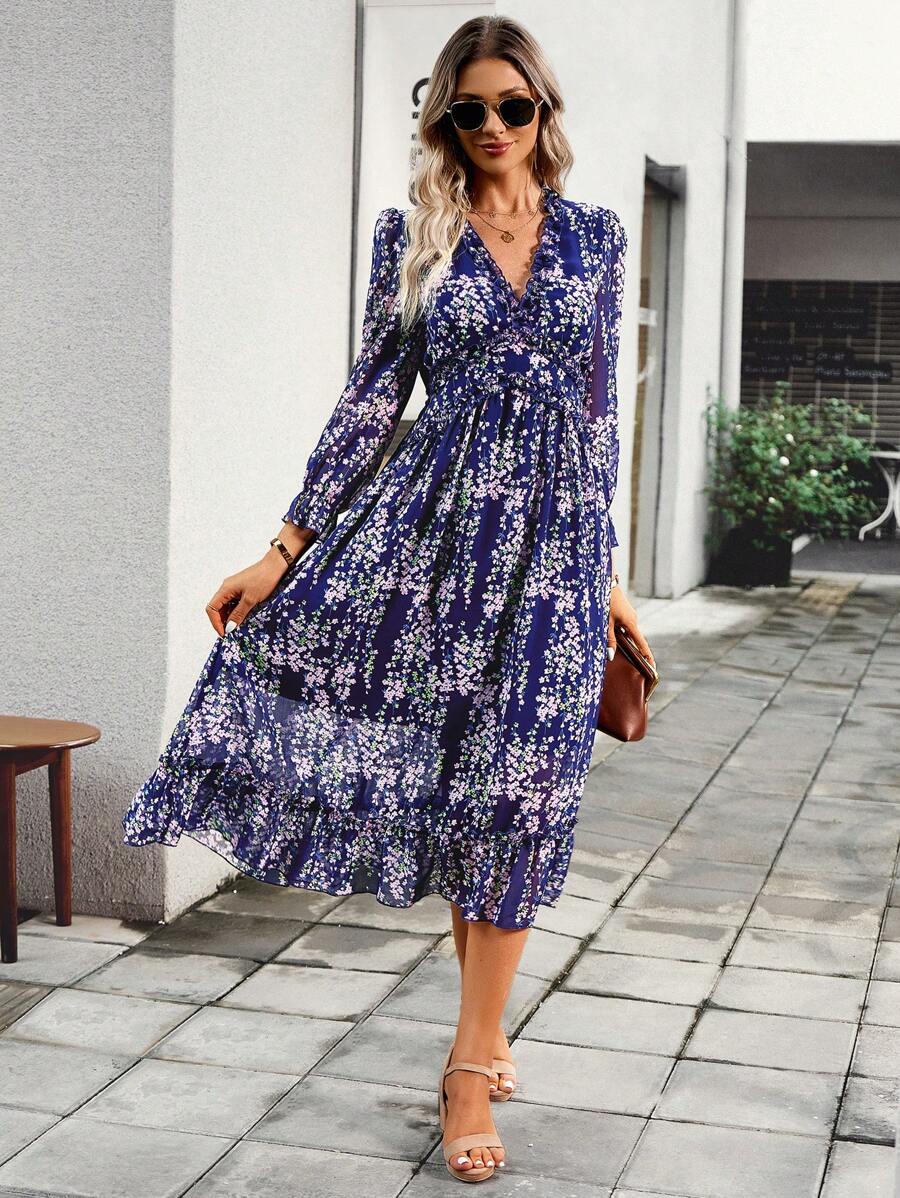 Chiquease 滿版印花荷葉袖荷葉邊洋裝 - 藍色 - 查看 1