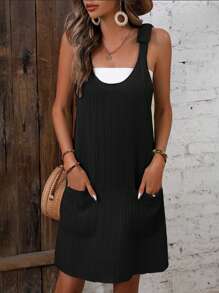 SHEIN LUNE Solid Dual Pocket Pinafore Dress Without Tube Top - Black - View 1