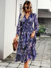 Chiquease 滿版印花荷葉袖荷葉邊洋裝 - 藍色 - 查看 5