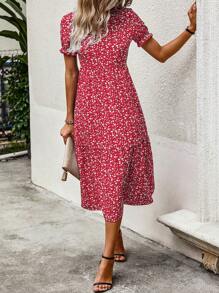 SHEIN VCAY Vestido con estampado floral de manga farol bajo con fruncido - Rojo - Ver 4