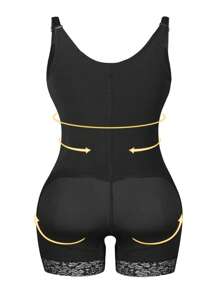 Plus Lace Trim Crotchless Shapewear Unitard Romper - Black - View 2