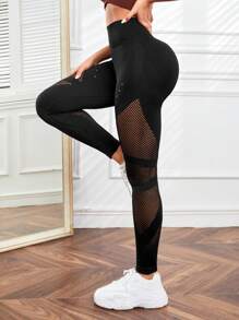 SHEIN Yoga Sxy 鏤空寬腰帶運動打底褲 - 黑色 - 查看 3