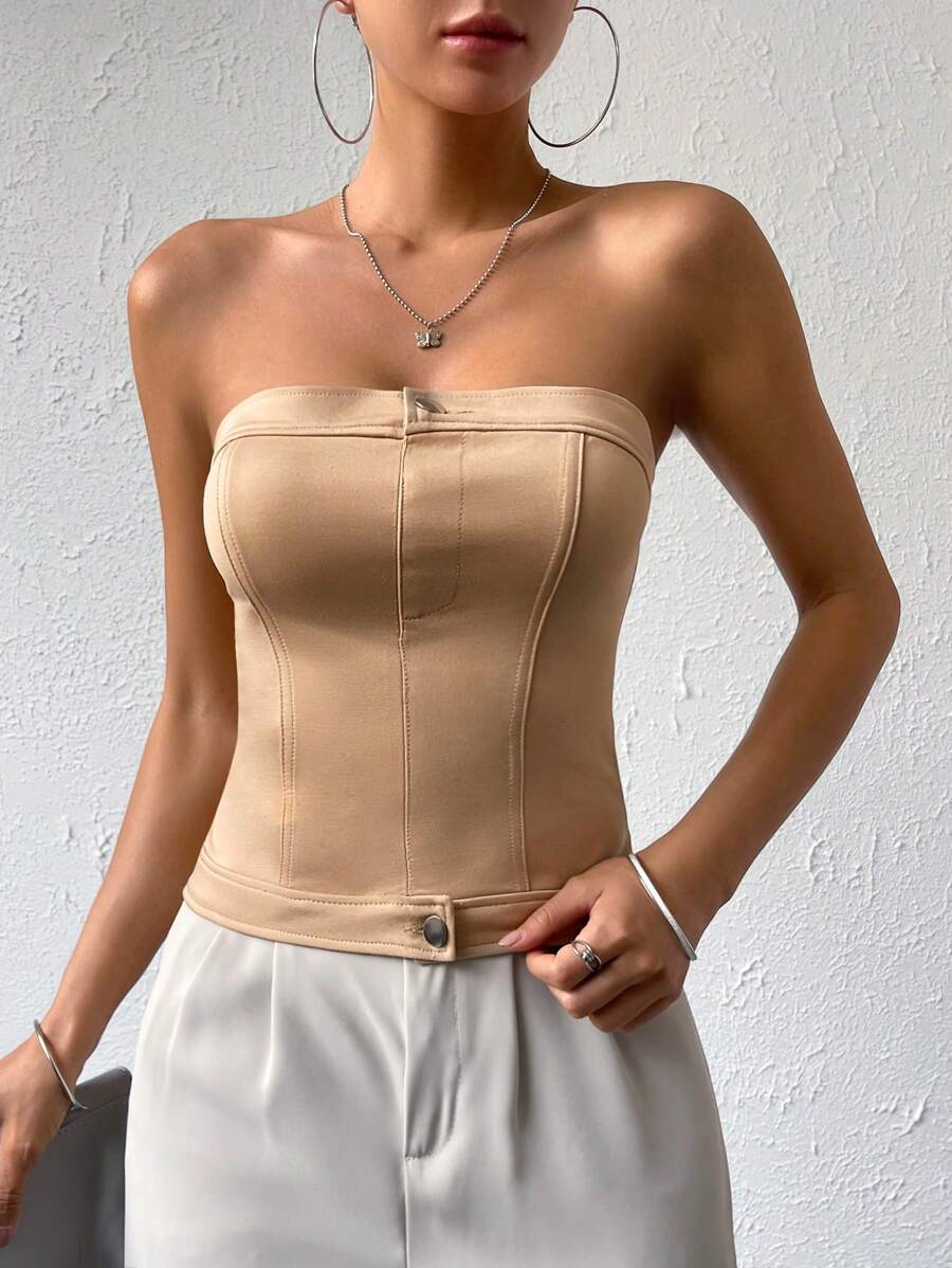 SHEIN Privé 素色抹胸上衣 - 卡其色 - 查看 1