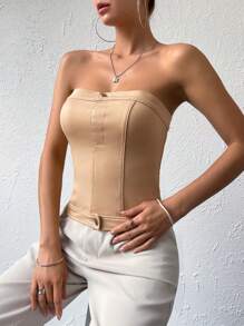 SHEIN Privé 素色抹胸上衣 - 卡其色 - 查看 3