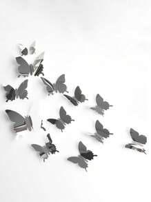 12 piezas Pegatina de mariposa superficie de espejo con mariposa 3D plata de color metálico para casa adorno - Plateado - Ver 3