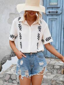 Aveloria Camisa con estampado de planta con botón delantero - Beis - Ver 5