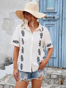 Aveloria Camisa con estampado de planta con botón delantero - Beis - Ver 6