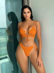 Tie Front Bikini Set For Summer Beach - Orange - View 1