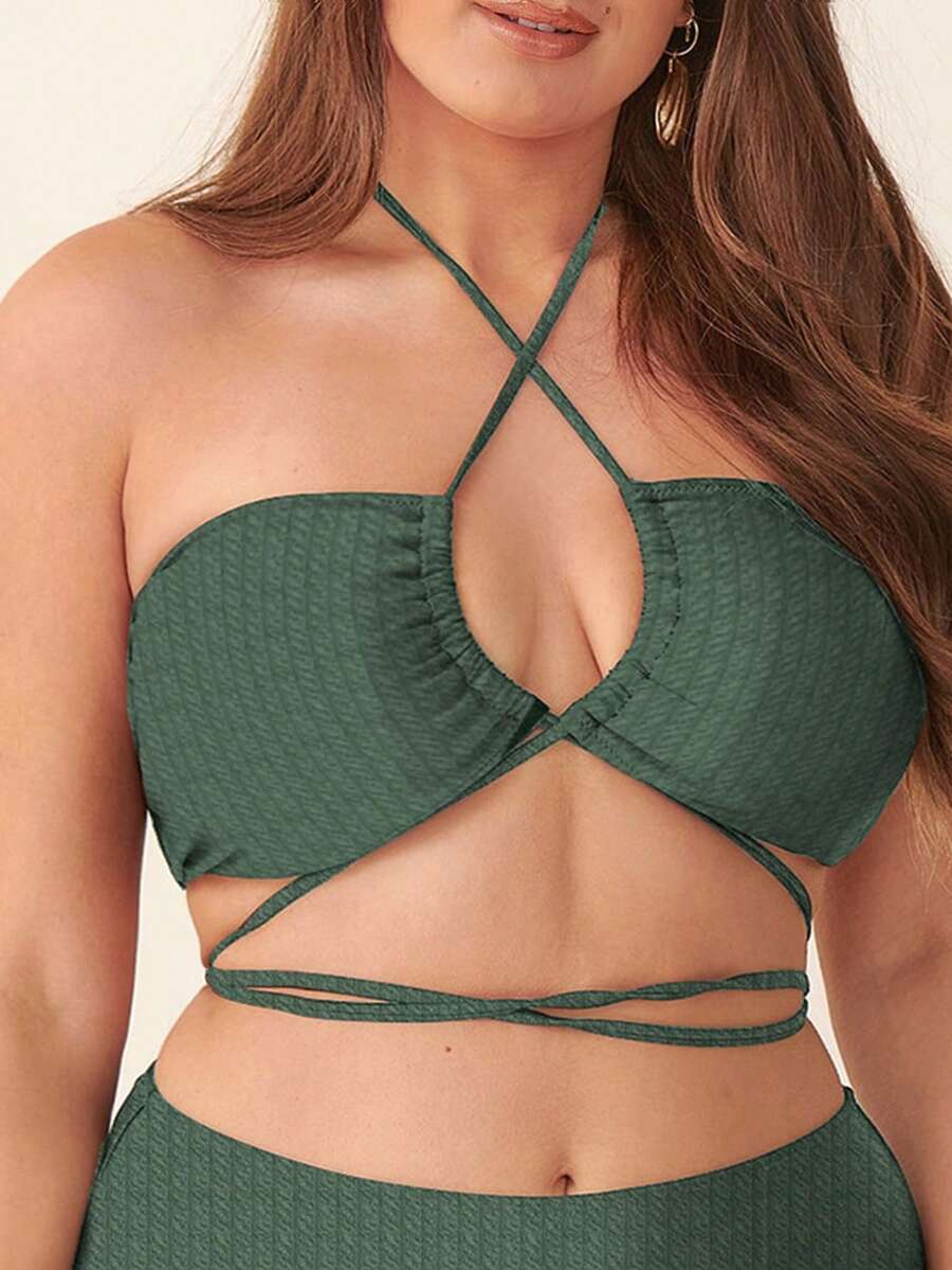 SHEIN Swim Curve Plus Solid Criss Cross Halter Bikini Top - Army Green - View 1