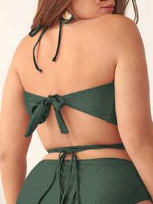 SHEIN Swim Curve Plus Solid Criss Cross Halter Bikini Top - Army Green - View 2