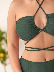SHEIN Swim Curve Plus Solid Criss Cross Halter Bikini Top - Army Green - View 5