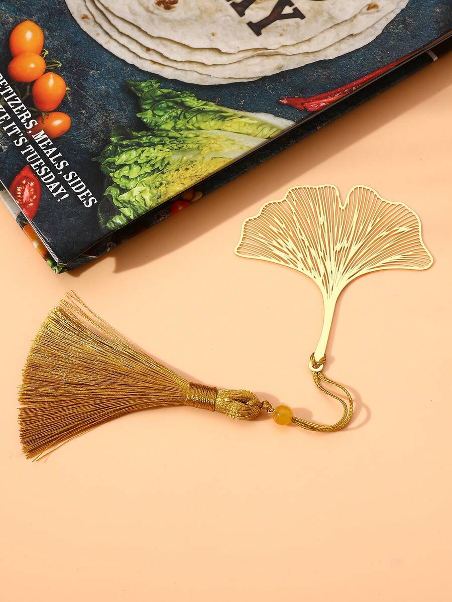 1入組金屬銀杏葉設計流蘇裝飾書籤，創意多用途讀書書籤 - 米色 - 查看 1