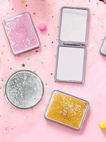 Creative Glitter Mirrors, 1pc Portable Double-Sided Rectangle Cosmetic Mirror For Women - Gold - View 1