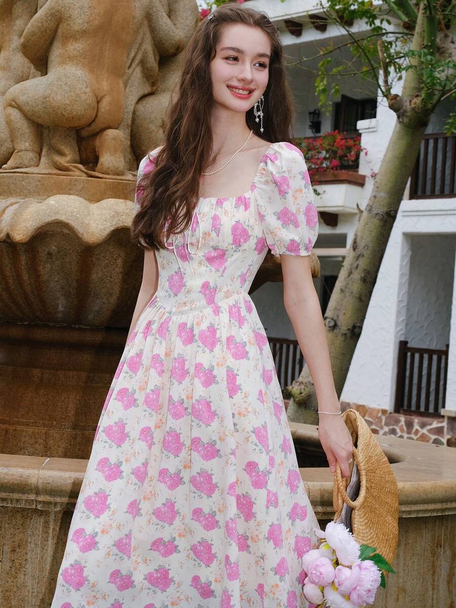 滿版印花泡泡袖連衣裙 - 粉色 - 查看 1