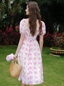 滿版印花泡泡袖連衣裙 - 粉色 - 查看 2