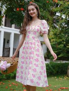 滿版印花泡泡袖連衣裙 - 粉色 - 查看 6