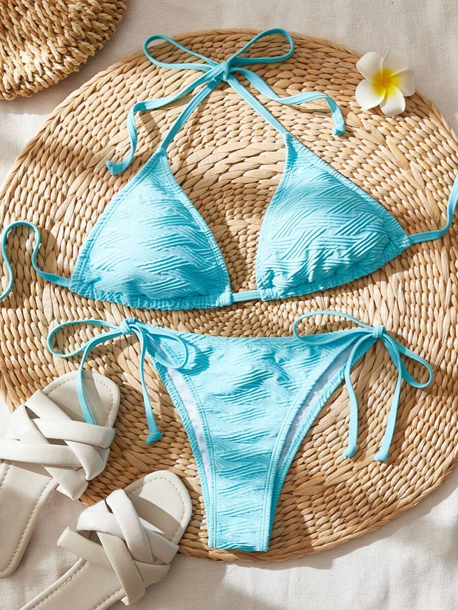 SHEIN Swim 露背三角形綁帶連搭橫帶夏季沙灘比基尼套裝 - 藍色 - 查看 1