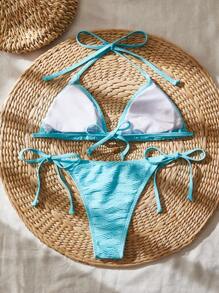 SHEIN Swim 露背三角形綁帶連搭橫帶夏季沙灘比基尼套裝 - 藍色 - 查看 2
