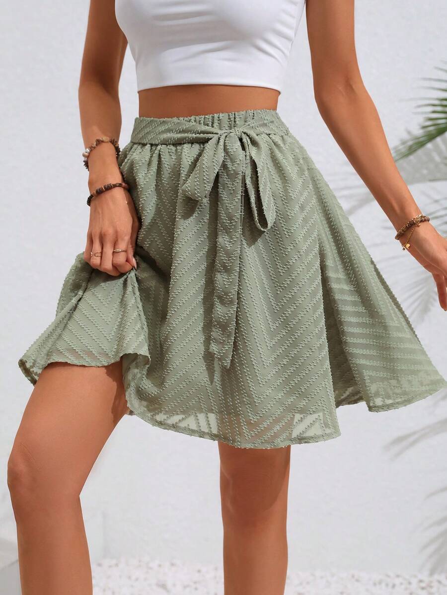 Breezaya Chevron Jacquard Belted Flare Hem Skirt