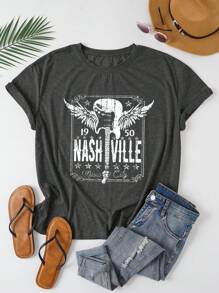 SHEIN EZwear 大碼翅膀和字母圖案T恤 - 深灰色 - 查看 1