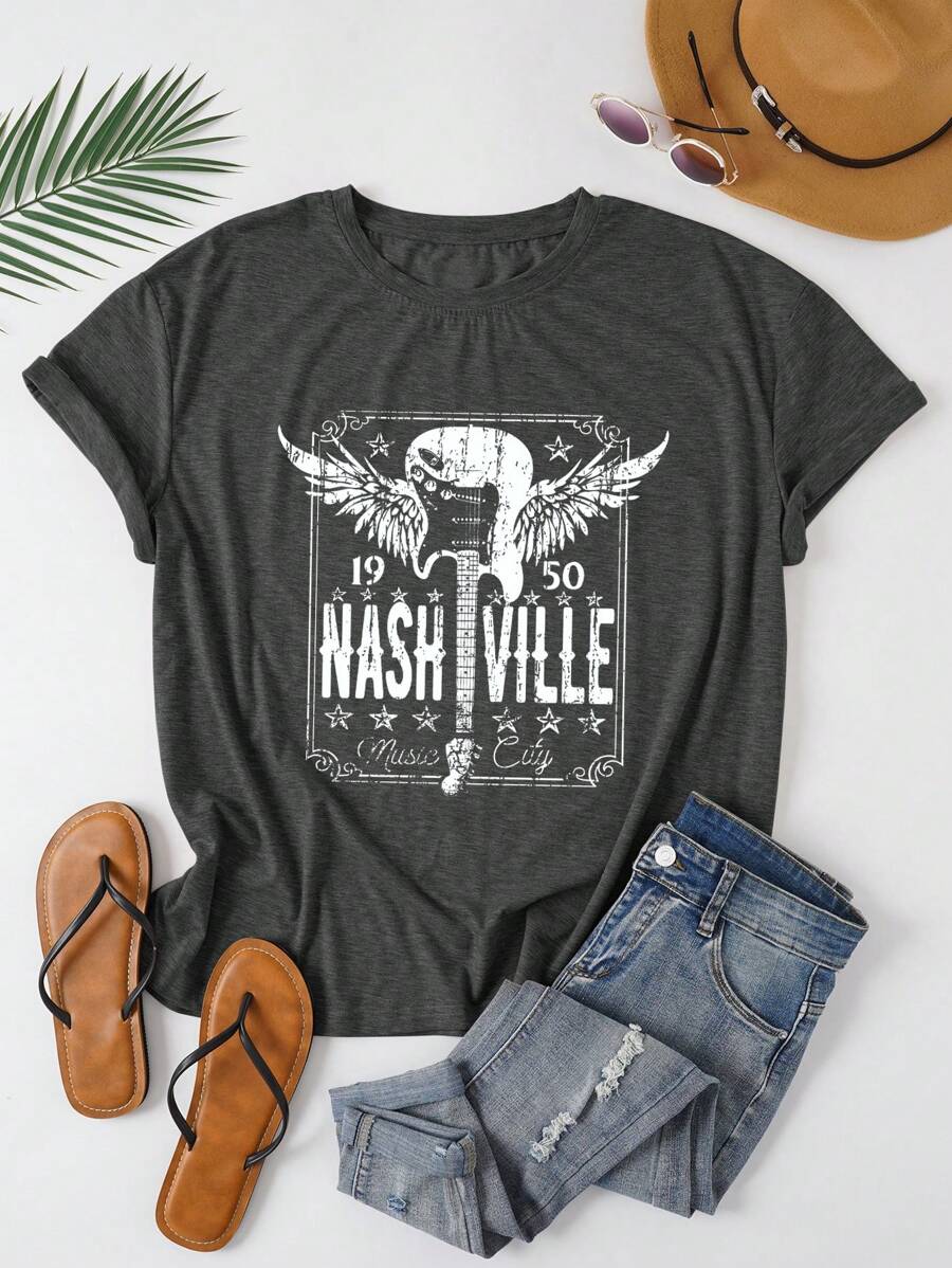 SHEIN EZwear 大碼翅膀和字母圖案T恤 - 深灰色 - 查看 1