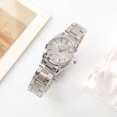 1入組女士銀色不銹鋼錶帶時尚水鑽裝飾防水圓形錶盤石英手錶適合日常生活