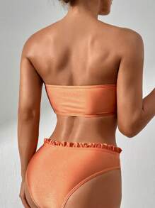 SHEIN Swim Twist Front Frill Trim Bandeau Bikini Set - Burnt Orange - View 2