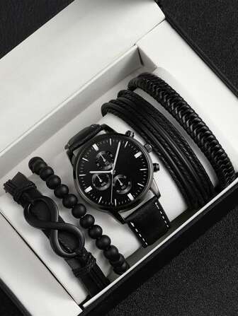 DEMOSS 1pc Black PU Polyurethane Strap Fashionable Round Dial Quartz Watch & 5pcs Bracelet, For Daily Life