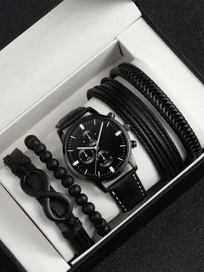 DEMOSS قطعة واحدة أسود بولي يوريثين PU حزام الموضة مستدير ساعة كوارتز دائري & 5 قطع سوار , الى الحياة اليومية