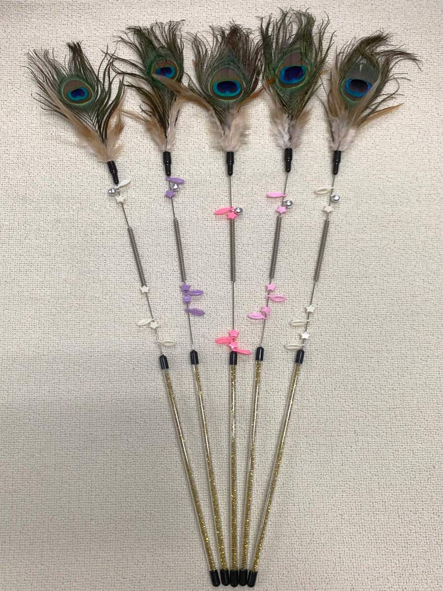 1入組孔雀羽毛裝飾逗貓棒適用於貓適用於玩 - 金色 - 查看 1