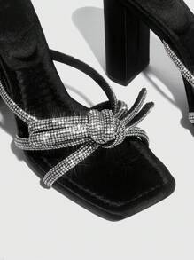 Rhinestone Decor Chunky Heeled Mule Sandals - Black - View 3