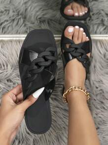 優雅黑色涼鞋適用於女士鏈條裝飾涼拖 - 黑色 - 查看 1