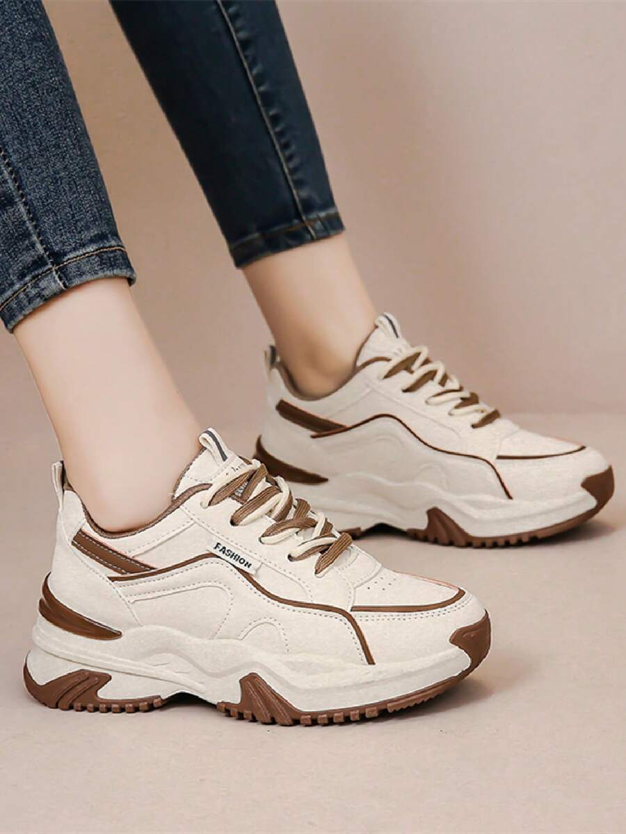 Giày thể thao cho nữ, Giày thể thao chunky có dây buộc phía trước họa tiết chữ cái - Màu be - Xem 1