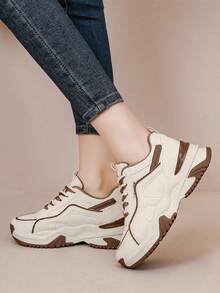 Giày thể thao cho nữ, Giày thể thao chunky có dây buộc phía trước họa tiết chữ cái - Màu be - Xem 5