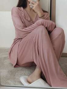 DAZY Solid Button Front PJ Set - Pink - View 5