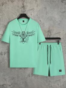 Manfinity LEGND 男士字母圖案T恤和腰部抽繩短褲 - 薄荷綠 - 查看 2