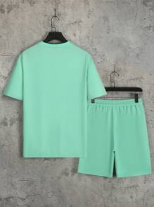 Manfinity LEGND 男士字母圖案T恤和腰部抽繩短褲 - 薄荷綠 - 查看 3