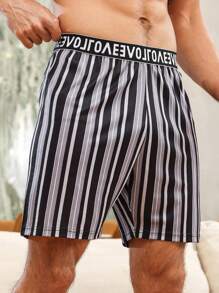 男士條紋印花腰部字母條帶睡衣短褲 - 彩色 - 查看 1