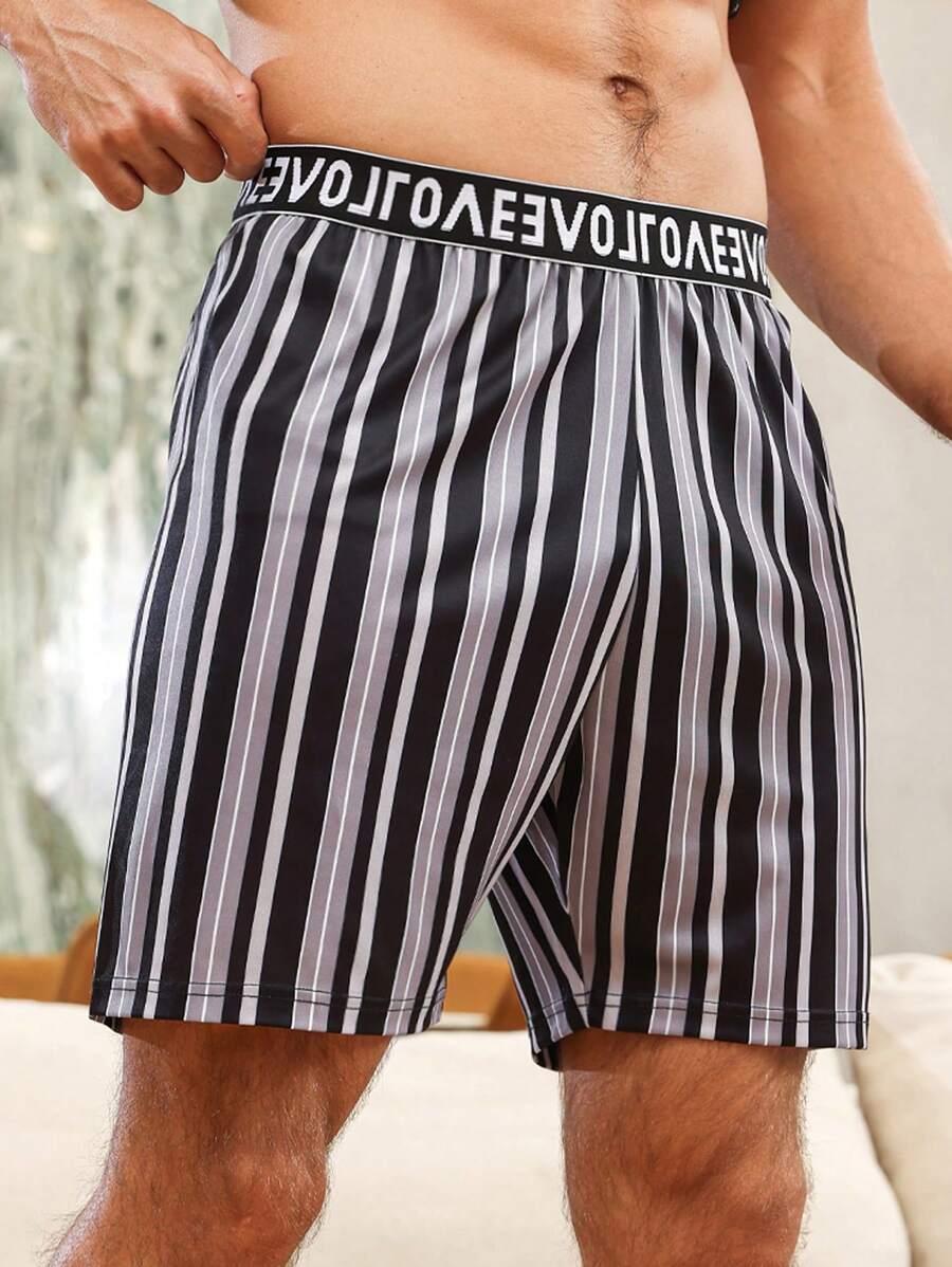 男士條紋印花腰部字母條帶睡衣短褲 - 彩色 - 查看 1