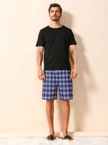 Men Solid Tee & Plaid Print Shorts PJ Set - Multicolor - View 1