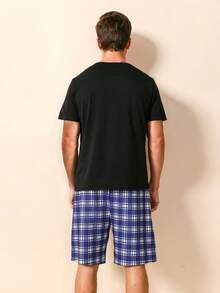 Men Solid Tee & Plaid Print Shorts PJ Set - Multicolor - View 2