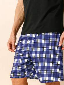 Men Solid Tee & Plaid Print Shorts PJ Set - Multicolor - View 6