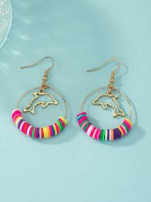 1雙時尚海豚和珠子裝飾圓形耳墜適合女士適用於度假 - 彩色 - 查看 4