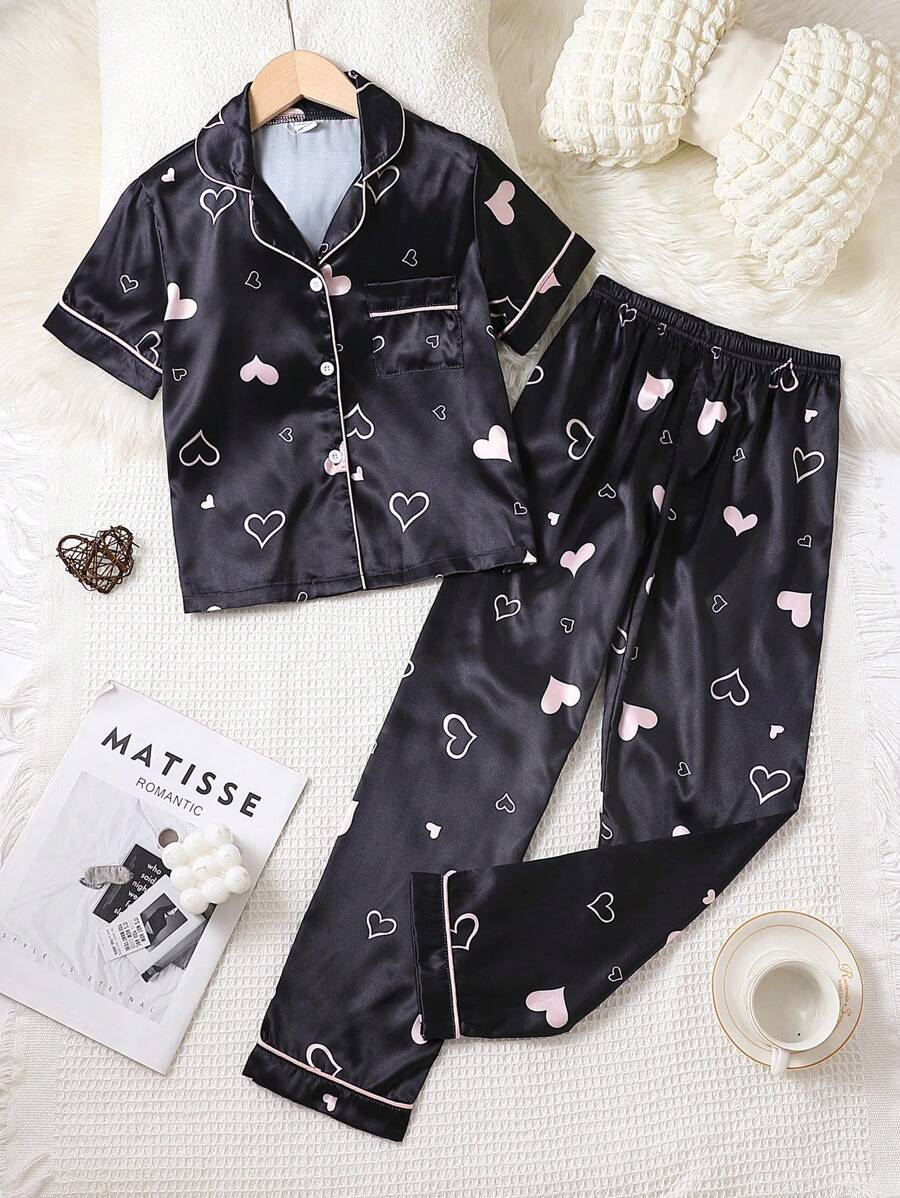 Fille Ensemble de pyjama à imprimé cœur - Noir - Voir 1