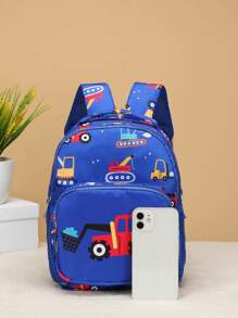 Mochila con patrón de excavadora de dibujos animados lindos, ubicación de la impresión al azar - Azul - Ver 3